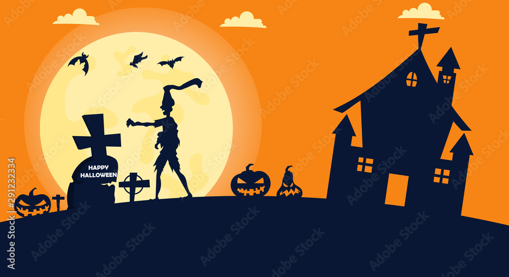Happy Halloween with Zombies,tomb,ghost scary background vector illustration