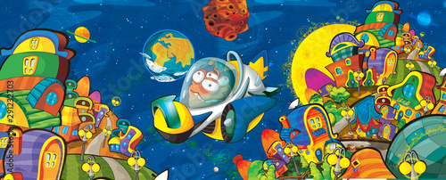 cartoon scene with some funny looking alien flying in ufo vehicle near some planet - white background - illustration for children