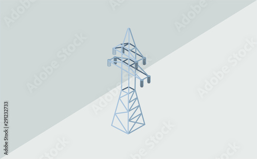 Vector high voltage pylon isolated on white background in isometric perspective. 3d metal pole voltage with typography. Industrial illustration. Power line pylon. Nuclear power station facilities. © Frozen Design