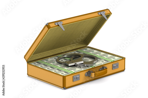 case with cash money and handcuffs on white background. Isolated 3D illustration photo