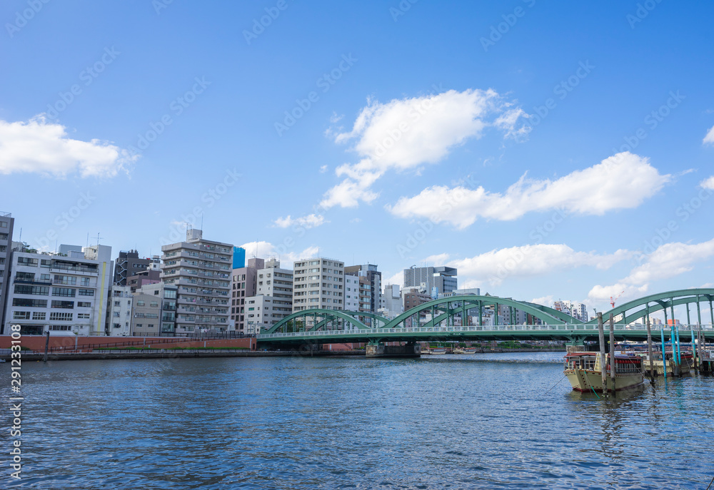 隅田川の風景　厩橋と屋形船のある風景