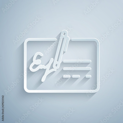 Paper cut Signed document line icon isolated on grey background. Pen signing a contract with signature. Edit document sign. Paper art style. Vector Illustration