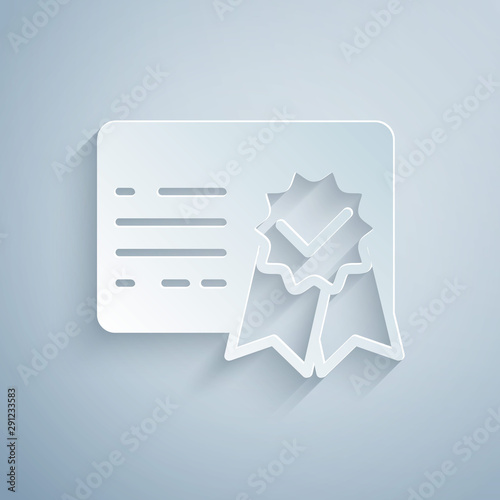Paper cut Certificate template icon isolated on grey background. Achievement, award, degree, grant, diploma. Business success certificate. Paper art style. Vector Illustration