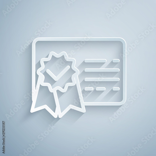 Paper cut Certificate template line icon isolated on grey background. Achievement, award, degree, grant, diploma. Business success certificate. Paper art style. Vector Illustration