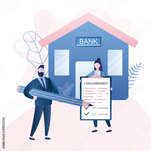 Bank manager with big pencil and businesswoman with loan agreement paper.