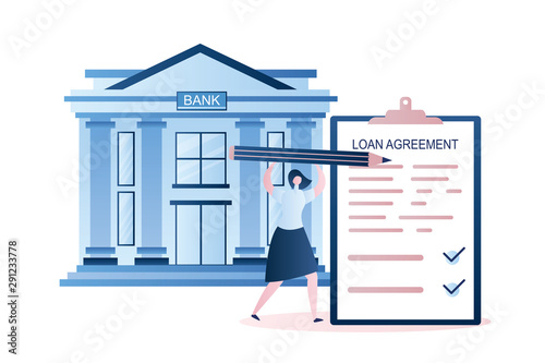 Businesswoman with big pencil and loan agreement paper, bank building on background.