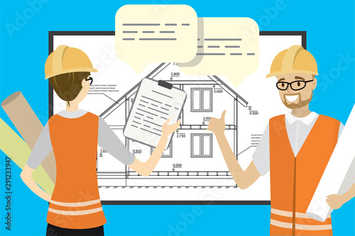 Two engineers or architect are talking, board with house plan or scheme on background.