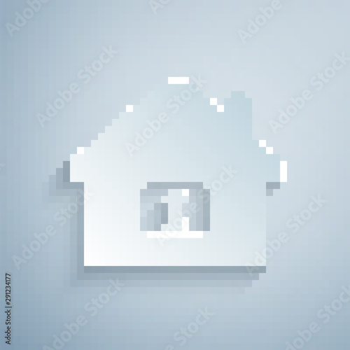 Paper cut House under protection icon isolated on grey background. Home and lock. Protection, safety, security, protect, defense concept. Paper art style. Vector Illustration