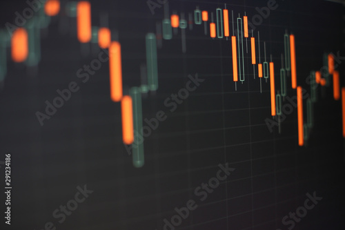 Financial data on a monitor which including of Market Analyze. Bar graphs, Diagrams, financial figures. Abstract glowing forex chart interface wallpaper. Investment, trade, stock, finance photo