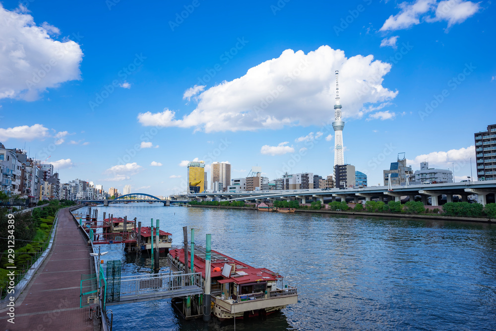 Naklejka premium 隅田川の風景 係留されている屋形船