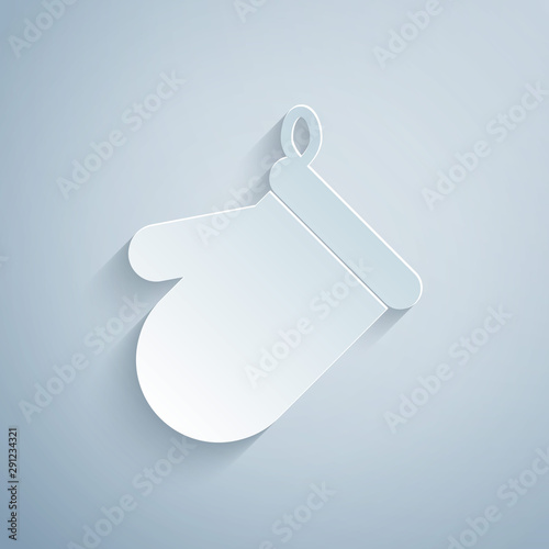 Paper cut Oven glove icon isolated on grey background. Kitchen potholder sign. Cooking glove. Paper art style. Vector Illustration
