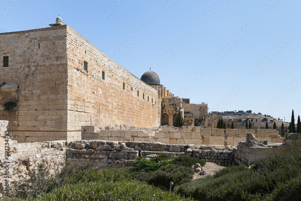 Archaeological site near the walls of the Temple Mount near the Dung Gate in the Old City in Jerusalem, Israel