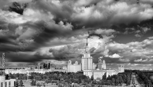 Panoramic view of famous Russian university campus under dramatic sky