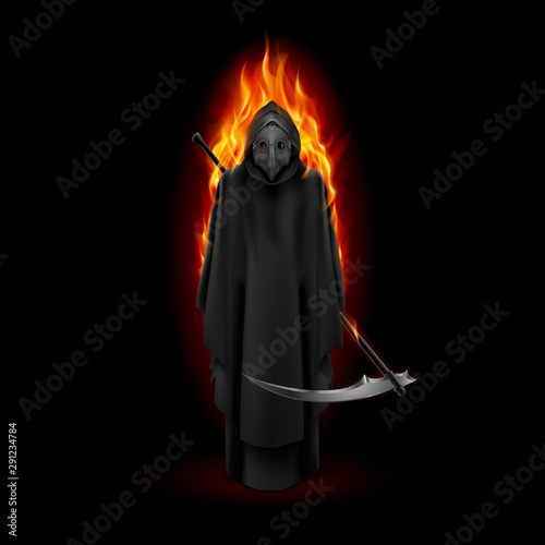 Plague Doctor in Orange Flame Over Black Background. Medieval Death Symbol Plague Doctor Mask for Web, Poster, Info Graphic