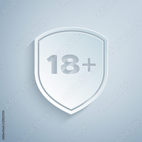 Paper cut Shield with inscription 18 plus icon isolated on grey background. Adults content only. Protection, safety, security, protect concept. Paper art style. Vector Illustration