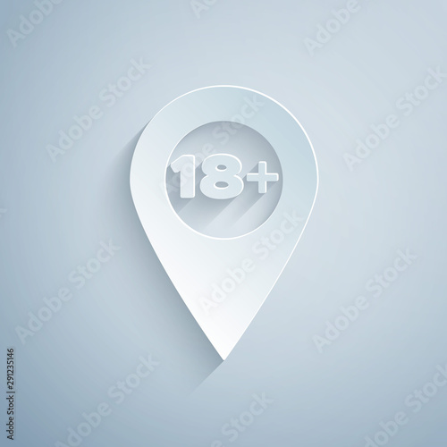 Paper cut Map pointer with 18 plus icon isolated on grey background. Age restriction symbol. 18 plus content sign. Adults content only icon. Paper art style. Vector Illustration