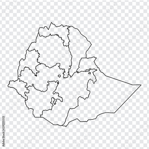 Blank map Ethiopia. High quality map Federal Democratic Republic of Ethiopia with provinces on transparent background for your web site design, logo, app, UI. Stock vector. EPS10. 