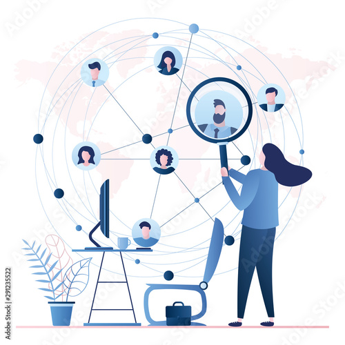 Businesswoman using magnifying glass for search business contacts and global communication. Various business people avatars.