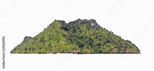 The tree mountain on the island isolated on white background.The mountain have big tree many cover, in photo have guesthouse, boat and people.At Krabi Thailand.
