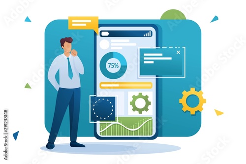 Young man works on a mobile application for data collection and analysis. Flat 2D character. Concept for web design