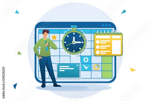 Young entrepreneur plans the time for business planning, fills the calendar for the month. Flat 2D character. Concept for web design