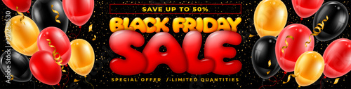 Template for Black Friday Sale advertising banner. Bright and festive design with balloons and confetti. Ad offer up to 50% off discount on shopping day. Vector illustration. 