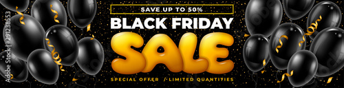 Template for Black Friday Sale advertising banner. Bright and festive design with balloons and confetti. Ad offer up to 50% off discount on shopping day. Vector illustration. 