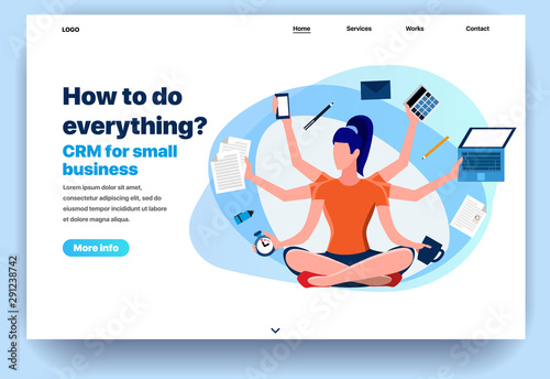 Web page flat design template CRM for small business. Business landing page online with info on how to do everything. Modern vector illustration concept for website and mobile website development