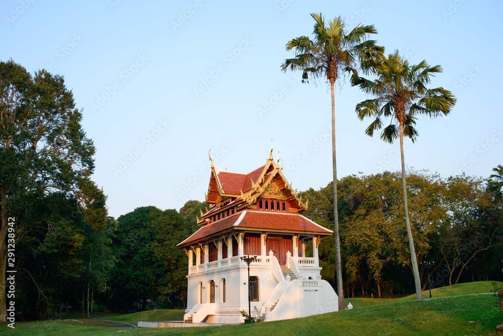Building in Wat Yansangwararam public monastery park. Pattaya, Chonburi, Thailand.