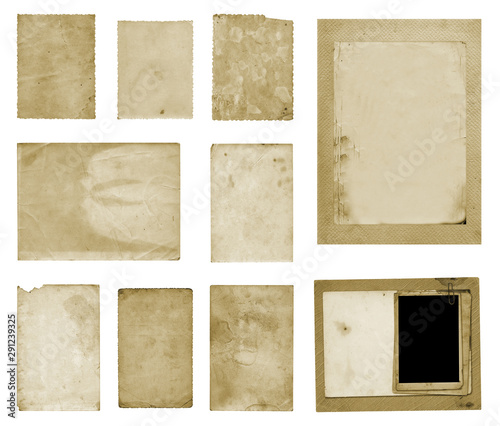 Set of old vintage dirty photo postcards on isolated background