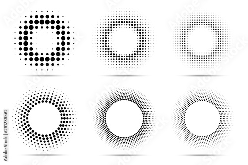 Halftone circular dotted frames set. Circle dots isolated on the white background. Logo design element for medical, treatment, cosmetic. Round border using halftone circle dots texture. Vector