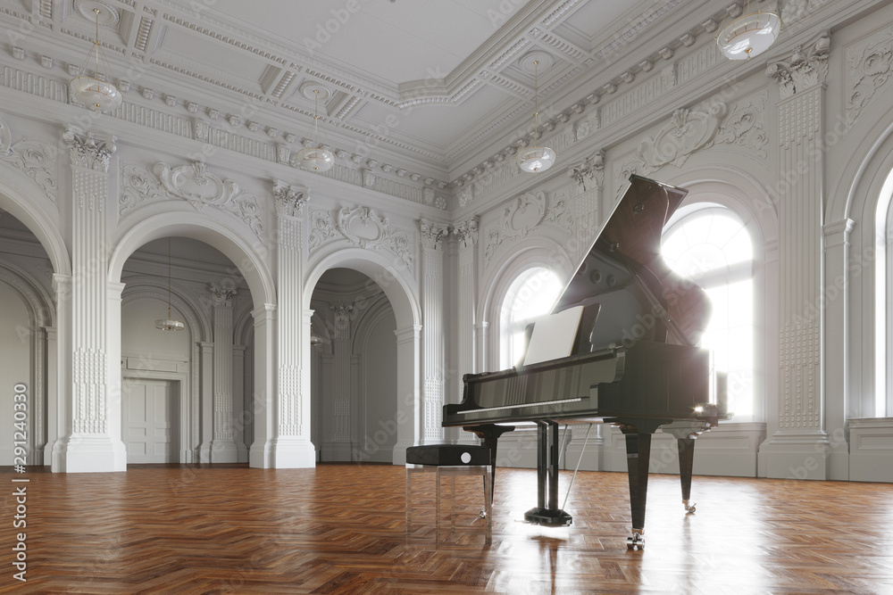Papier Peint photo Piano à queue noir en rendu 3d de la salle classique  blanche - Nikkel-Art.fr