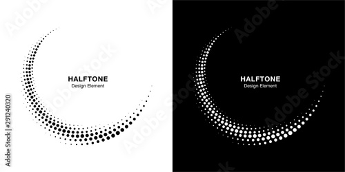 Halftone circle dotted frame circularly distributed set. Abstract dots logo emblem design element. Round border Icon using halftone circle dot texture. Half tone circular background pattern. Vector.