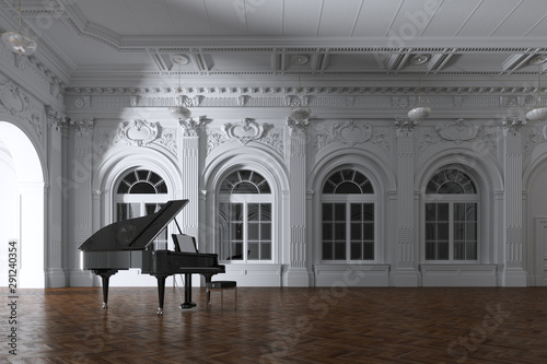 3d render of light in empty classic concert room with grand piano through the opened door