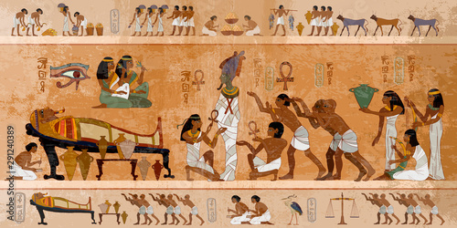 Ancient Egypt. Mummification process. Concept of a next world. Pharaoh sarcophagus. Egyptian gods, mythology. Hieroglyphic carvings. History wall painting, tomb King Tutankhamun