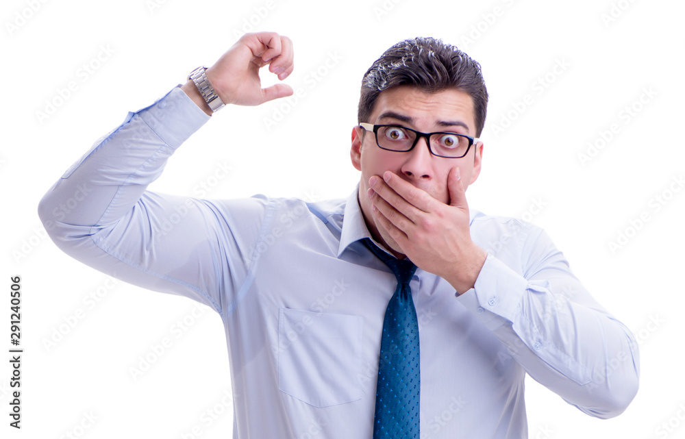Businessman sweating excessively smelling bad isolated on white Businessman sweating excessively smelling bad isolated on white