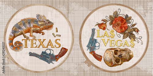 Embroidery collection. Wild West concept. Human skull,  gun, roses and chameleon. Texas, Las Vegas slogan. Template tambour frame with a canvas, elements from stitches. Art for clothes