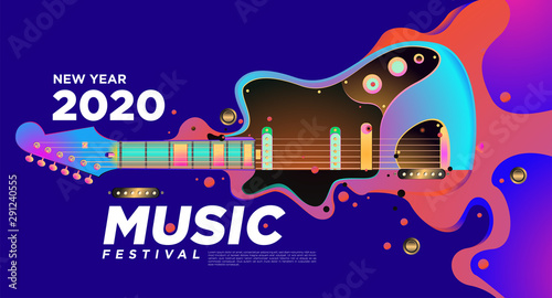 Guitar with Abstract Liquid Colorful Illustration for 2020 New Year Party and Event Banner. Vector Illustration Collage of Music Festival Background and Wallpaper in eps 10. 