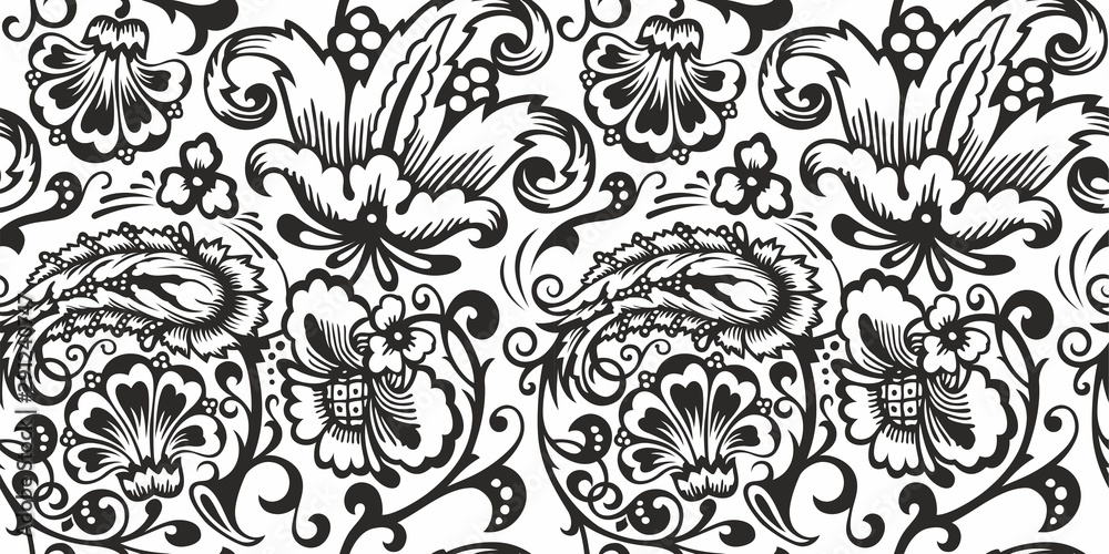 Seamless Russian pattern .Vintage Ornament vector. Russian style ornament engraving border floral retro pattern. Foliage swirl decorative design element filigree