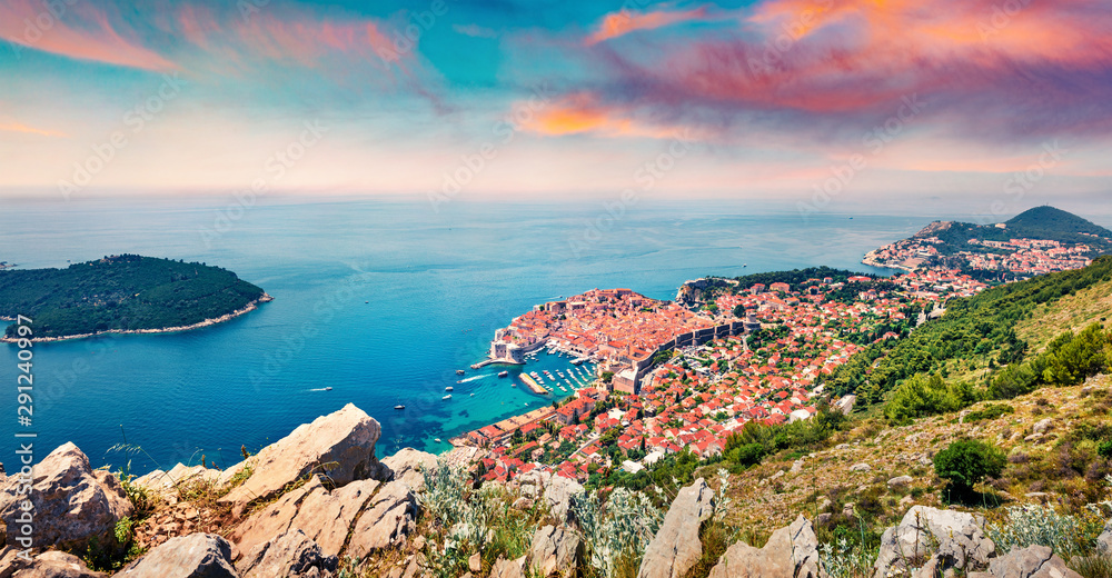 Impressive morning view of Dubrovnik city. Picturesque summer sunrise in Croatia, Europe. Beautiful world of Mediterranean countries. Traveling concept background.