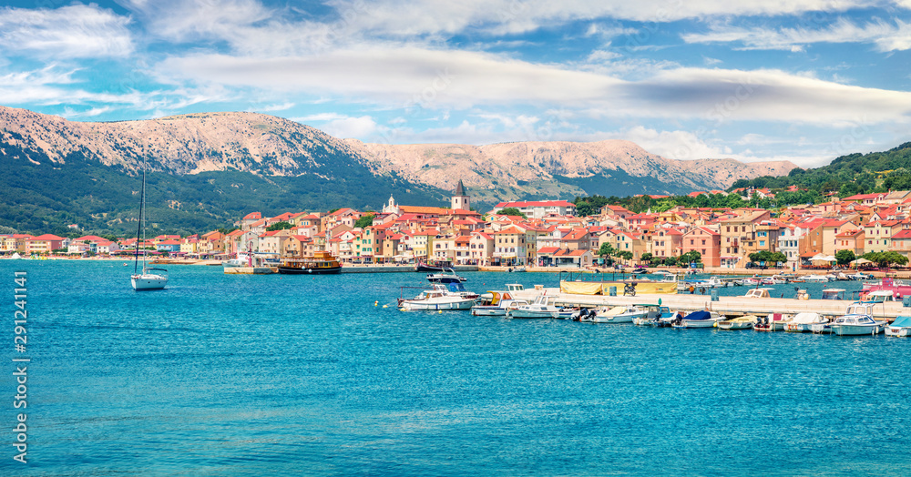 Splendid morning cityscape of Bashka town. Colorful summer seascape of Adriatic sea, Krk island, Kvarner bay archipelago, Croatia, Europe. Beautiful world of Mediterranean countries.