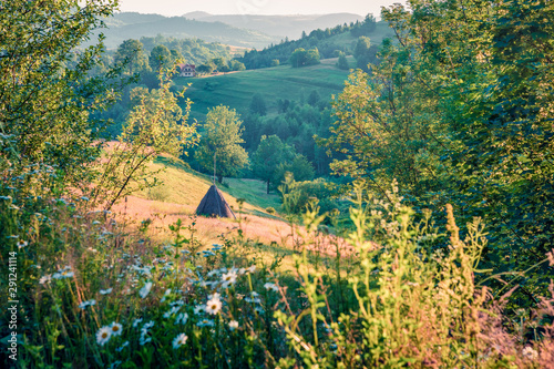 Colorfuul morning scene of Rogojel village. Fabulous summer landscape of Cluj County, Romania, Europe. Beauty of countryside concept background. photo