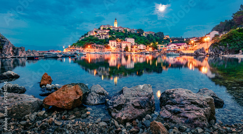 Splendid evening cityscape of Vrbnik town. Great summer seascape of Adriatic sea, Krk island, Kvarner bay archipelago, Croatia, Europe. Beautiful world of Mediterranean countries.