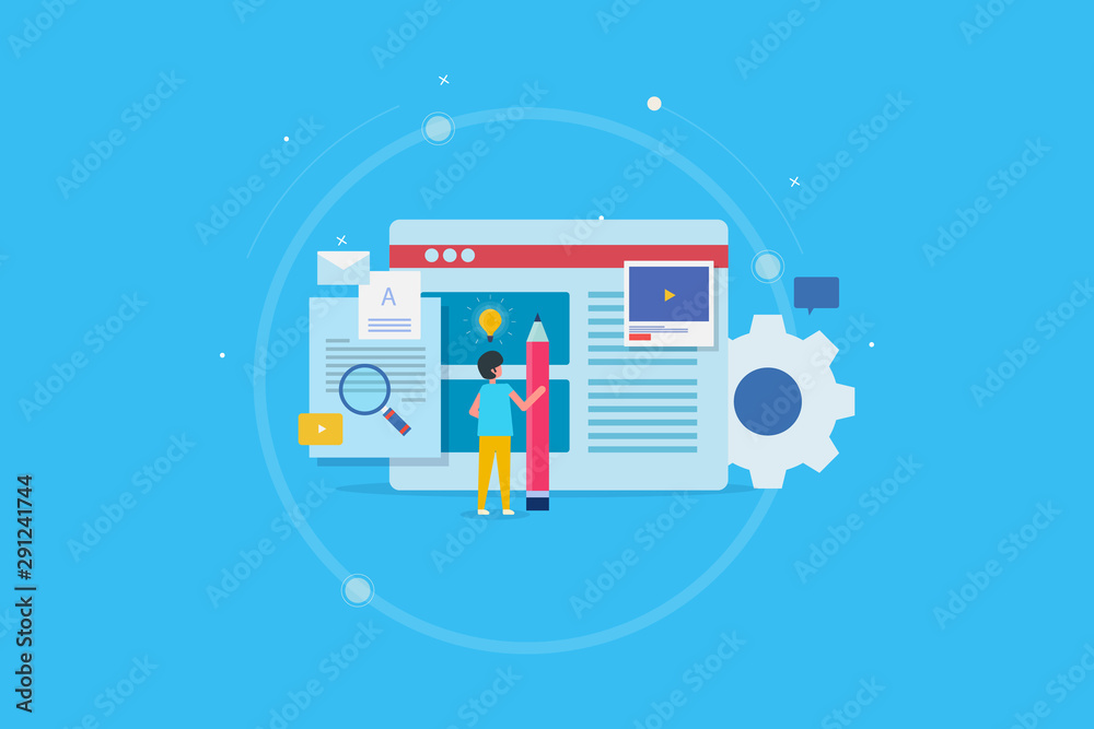 Concept of content management, digital advertising, marketing, social media, blogging platform, cms flat design banner with character. Concept of content management, digital advertising, marketing, social media, blogging platform, cms flat design banner with character.