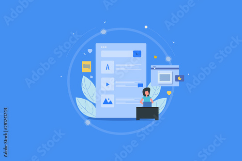 Content experience, content plan and structure, customer engagement with content, digital marketing, advertising, blogging, social media technology concept. Flat banner and character.