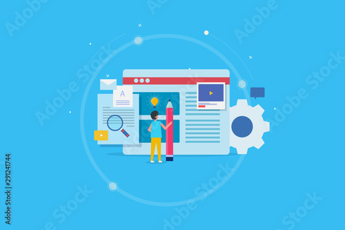 Concept of content management, digital advertising, marketing, social media, blogging platform, cms flat design banner with character.