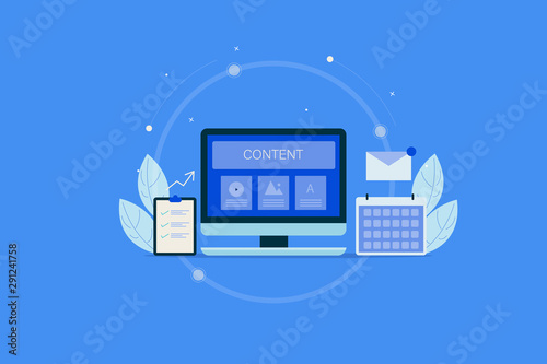 Content plan, marketing checklist, digital content for website, social media, advertising , blogging,  web promotion concept. Flat design vector banner, isolated on a blue background.