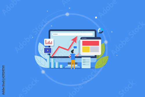 Marketing expert analyzing content report, digital content audit, content marketing insight concept. Flat design conceptual banner with icons and character.