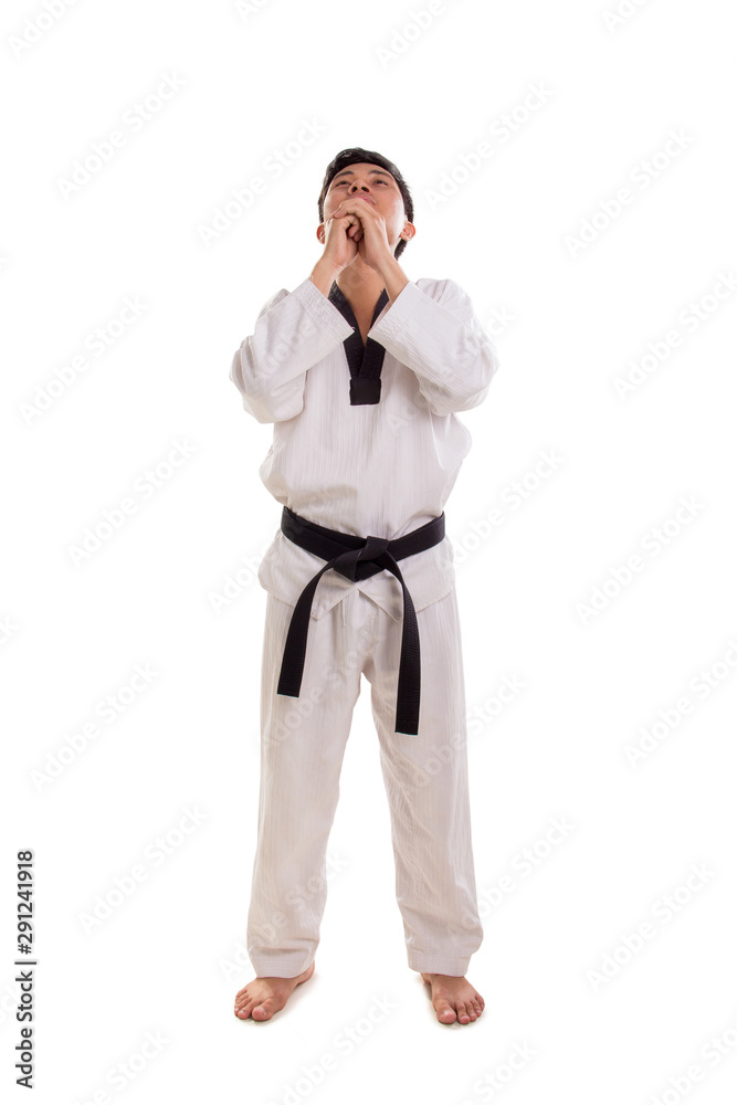 Male martial artist neck stretch upwards, full body Male martial artist neck stretch upwards, full body