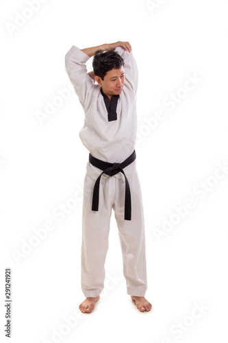 Male martial artist back shoulder muscle stretch upwards, full length